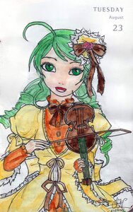 Rating: Safe Score: 0 Tags: 1girl ahoge bow dated dress flower frills green_eyes green_hair guitar image instrument kanaria long_hair marker_(medium) music musical_note open_mouth playing_instrument ribbon rose smile solo traditional_media violin yellow_dress User: admin