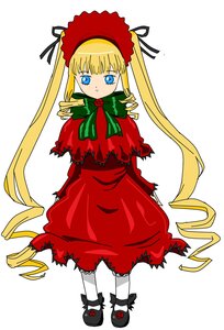 Rating: Safe Score: 0 Tags: 1girl black_footwear blonde_hair blue_eyes bonnet bow bowtie capelet dress flower full_body green_bow image long_hair long_sleeves looking_at_viewer red_capelet rose shinku shoes simple_background solo standing twintails very_long_hair white_background User: admin