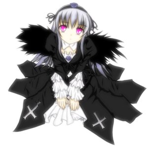 Rating: Safe Score: 0 Tags: 1girl black_wings dress flower frills hairband image long_hair long_sleeves looking_at_viewer pink_eyes simple_background solo suigintou v_arms white_background wings User: admin