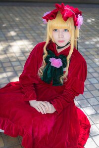 Rating: Safe Score: 0 Tags: 1girl blonde_hair blue_eyes blurry bow brick_wall chain-link_fence depth_of_field dress fence flower frills lips long_hair long_sleeves looking_at_viewer photo red_dress rose shinku solo tile_floor tiles wall User: admin