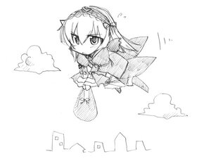 Rating: Safe Score: 0 Tags: 1girl chibi dress flying full_body greyscale hairband image long_sleeves monochrome rozen_maiden sketch solo striped suigintou takami_ryou white_background wings User: admin