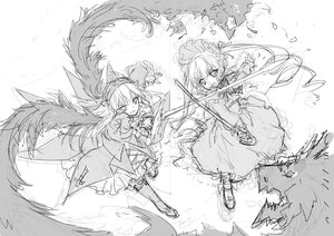 Rating: Safe Score: 0 Tags: 2girls dress greyscale hairband holding image lolita_hairband long_hair long_sleeves monochrome multiple_girls pair shinku sketch suigintou twintails very_long_hair weapon wings User: admin