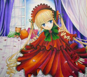 Rating: Safe Score: 0 Tags: 1girl blonde_hair blue_eyes bonnet bow bowtie curtains dress flower green_bow green_neckwear image indoors long_hair long_sleeves looking_at_viewer petals red_dress rose rose_petals shinku sidelocks sitting solo stuffed_animal twintails window User: admin