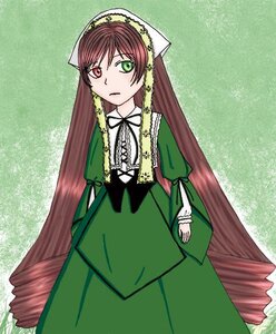 Rating: Safe Score: 0 Tags: 1girl black_ribbon brown_hair dress frills green_background green_dress green_eyes head_scarf heterochromia image long_hair long_sleeves looking_at_viewer red_eyes ribbon solo standing suiseiseki twintails very_long_hair User: admin