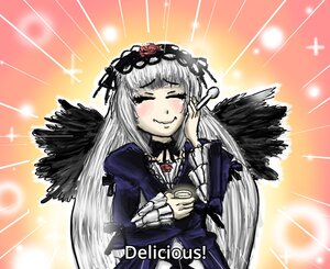 Rating: Safe Score: 0 Tags: 1girl black_wings blush closed_eyes dress eating emphasis_lines feathered_wings feathers flower food hairband image long_hair long_sleeves rose silver_hair smile solo sparkle suigintou upper_body wings User: admin