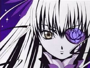 Rating: Safe Score: 0 Tags: 1girl bangs barasuishou close-up flower image long_hair looking_at_viewer monochrome purple_theme rose simple_background solo white_background User: admin