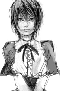 Rating: Safe Score: 0 Tags: 1girl choker greyscale image looking_at_viewer monochrome neck_ribbon ribbon short_hair sketch smile solo souseiseki striped upper_body vertical_stripes white_background User: admin