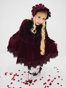 Rating: Safe Score: 0 Tags: 1girl blonde_hair blue_eyes bonnet dress flower full_body long_hair long_sleeves looking_at_viewer petals red_dress rose shinku shoes solo striped User: admin