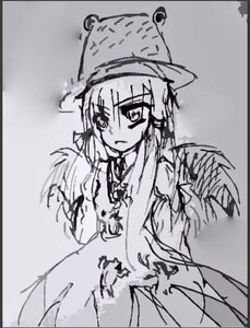 Rating: Safe Score: 0 Tags: 1girl black_border border dress greyscale image looking_at_viewer monochrome mystia_lorelei shikishi solo suigintou wings User: admin