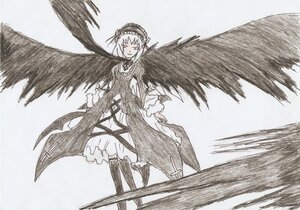 Rating: Safe Score: 0 Tags: 1girl bangs dress frills greyscale hairband image long_sleeves looking_at_viewer monochrome smile solo standing suigintou traditional_media wings User: admin