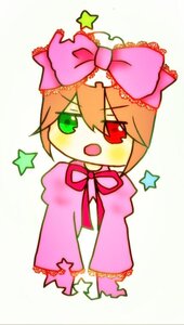 Rating: Safe Score: 0 Tags: :d blonde_hair bow chibi costume_switch cross full_body green_eyes heterochromia image long_sleeves looking_at_viewer open_mouth pink_bow red_eyes simple_background smile solo standing star_(symbol) star_print starry_background User: admin