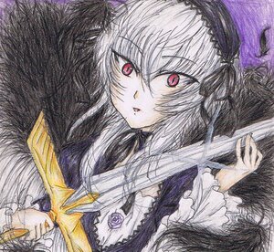 Rating: Safe Score: 0 Tags: 1girl black_wings colored_pencil_(medium) dress feathered_wings feathers flower frilled_sleeves frills hairband image long_hair long_sleeves looking_at_viewer marker_(medium) pink_eyes ribbon rose shikishi solo suigintou traditional_media upper_body wings User: admin