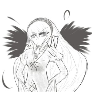 Rating: Safe Score: 0 Tags: 1girl black_wings dress eyebrows_visible_through_hair feathered_wings feathers greyscale hairband image long_hair looking_at_viewer monochrome puffy_sleeves ribbon short_sleeves simple_background solo suigintou upper_body very_long_hair white_background wings User: admin