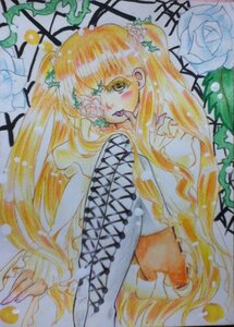 Rating: Safe Score: 0 Tags: 1girl auto_tagged blonde_hair flower image kirakishou long_hair marker_(medium) photo plant rose solo thorns traditional_media twintails vines watercolor_(medium) white_flower white_rose User: admin