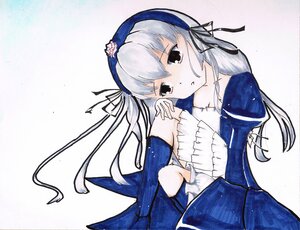 Rating: Safe Score: 0 Tags: 1girl black_ribbon blue_dress dress flower frills hair_ribbon image juliet_sleeves long_hair long_sleeves looking_at_viewer parted_lips puffy_sleeves ribbon simple_background sitting solo suigintou User: admin