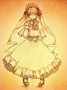 Rating: Safe Score: 0 Tags: 1girl bow closed_eyes dress frills full_body image long_hair long_sleeves monochrome shinku simple_background solo standing twintails very_long_hair User: admin