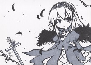 Rating: Safe Score: 0 Tags: 1girl bird black_wings chain chained dress feathered_wings feathers flower frills greyscale hairband image long_hair long_sleeves looking_at_viewer monochrome rose solo suigintou traditional_media weapon wings User: admin