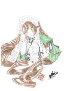 Rating: Safe Score: 0 Tags: 1girl auto_tagged bangs blush brown_hair dress frills green_eyes image long_hair long_sleeves looking_at_viewer signature simple_background solo suiseiseki traditional_media very_long_hair white_background wide_sleeves User: admin
