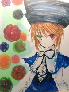 Rating: Safe Score: 0 Tags: 1girl apple bangs blue_dress brown_hair capelet closed_mouth dress eyebrows_visible_through_hair flower fruit green_eyes hariruri hat heterochromia image long_sleeves looking_at_viewer marker_(medium) red_eyes ribbon short_hair solo souseiseki traditional_media upper_body watercolor_(medium) User: admin