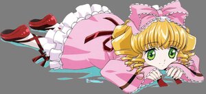 Rating: Safe Score: 0 Tags: 1girl blonde_hair bow dress drill_hair frills full_body green_eyes hair_bow hina_ichigo hinaichigo image long_sleeves looking_at_viewer lying on_stomach pink_bow pink_dress red_background shoes simple_background solo white_legwear User: admin