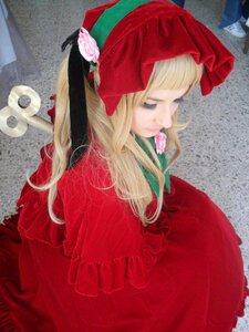 Rating: Safe Score: 0 Tags: 1girl blonde_hair bonnet bow capelet dress flower lips long_hair photo red_dress rose shinku solo traditional_media upper_body User: admin