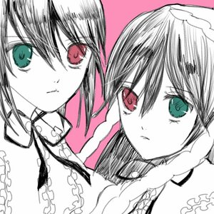 Rating: Safe Score: 0 Tags: 2girls braid frills green_eyes image looking_at_viewer monochrome multiple_girls pair pink_background red_background red_eyes souseiseki spot_color suiseiseki User: admin