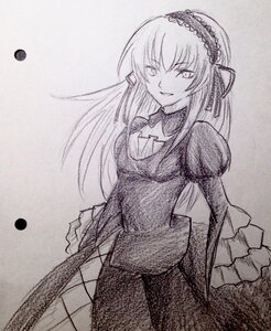 Rating: Safe Score: 0 Tags: 1girl dress frills greyscale hairband image long_hair long_sleeves looking_at_viewer monochrome smile solo suigintou traditional_media wings User: admin