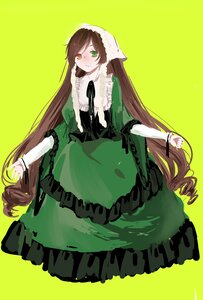 Rating: Safe Score: 0 Tags: 1girl brown_hair dress drill_hair frills green_background green_dress green_eyes head_scarf heterochromia image long_hair long_sleeves red_eyes simple_background solo suiseiseki twin_drills twintails very_long_hair yellow_background User: admin