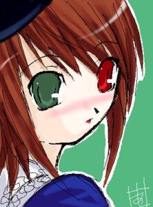 Rating: Safe Score: 0 Tags: 1girl blush face green_eyes hat image red_hair short_hair simple_background solo souseiseki User: admin