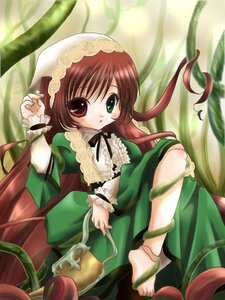 Rating: Safe Score: 0 Tags: 1girl barefoot brown_hair dress frills green_eyes hat heterochromia image long_hair long_sleeves looking_at_viewer plant red_eyes ribbon solo suiseiseki very_long_hair watering_can User: admin