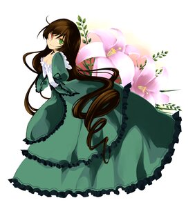 Rating: Safe Score: 0 Tags: 1girl brown_hair dress flower frills green_dress green_eyes heterochromia image long_hair long_sleeves red_eyes smile solo striped suiseiseki very_long_hair User: admin