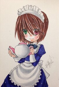 Rating: Safe Score: 0 Tags: 1girl apron blue_dress blush bow bowtie brown_hair dress frills green_eyes heterochromia holding image juliet_sleeves long_sleeves looking_at_viewer maid red_eyes short_hair signature simple_background solo souseiseki traditional_media User: admin