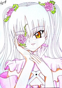 Rating: Safe Score: 0 Tags: 1girl auto_tagged bangs eyebrows_visible_through_hair flower hair_ornament image kirakishou long_hair looking_at_viewer parted_lips pink_flower rose solo traditional_media upper_body yellow_eyes User: admin