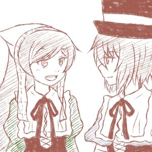 Rating: Safe Score: 0 Tags: 2girls dress hat heterochromia image long_hair looking_at_another monochrome multiple_girls neck_ribbon open_mouth pair ribbon short_hair simple_background sisters smile souseiseki suiseiseki User: admin