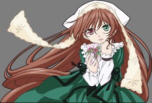 Rating: Safe Score: 0 Tags: 1girl bouquet brown_hair dress flower frills green_dress green_eyes head_scarf heterochromia holding image letterboxed long_hair long_sleeves looking_at_viewer red_eyes solo suiseiseki transparent_background very_long_hair User: admin