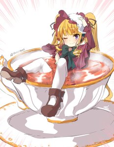 Rating: Safe Score: 0 Tags: 1girl blonde_hair bow dress image long_hair long_sleeves one_eye_closed shinku sitting smile solo twintails User: admin