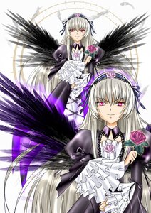 Rating: Safe Score: 0 Tags: 1girl black_dress black_wings dress feathers flower frills hairband image long_hair long_sleeves looking_at_viewer pink_eyes purple_flower purple_rose rose silver_hair smile solo suigintou wings User: admin