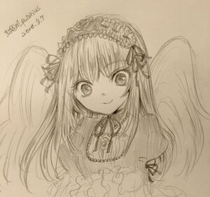 Rating: Safe Score: 0 Tags: 1girl bangs closed_mouth eyebrows_visible_through_hair hair_ornament image long_hair looking_at_viewer monochrome puffy_sleeves simple_background sketch smile solo suigintou traditional_media upper_body User: admin