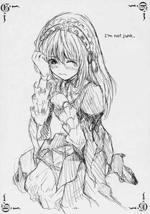 Rating: Safe Score: 0 Tags: 1girl blush doujinshi doujinshi_#29 dress greyscale hairband image long_hair long_sleeves monochrome multiple signature sketch solo suigintou tears User: admin