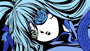 Rating: Safe Score: 0 Tags: 1girl :o barasuishou blue_hair blue_theme close-up face green_eyes image long_hair looking_at_viewer simple_background solo User: admin