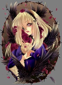 Rating: Safe Score: 0 Tags: 1girl blonde_hair dress feathered_wings feathers flower hair_over_one_eye hairband holding image long_hair petals purple_eyes rose solo suigintou transparent_background wings User: admin