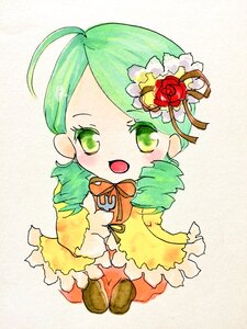 Rating: Safe Score: 0 Tags: 1girl ahoge chibi dress flower full_body green_eyes green_hair hair_flower hair_ornament image kanaria long_sleeves looking_at_viewer open_mouth red_flower red_rose rose short_hair simple_background smile solo standing traditional_media white_background yellow_dress User: admin