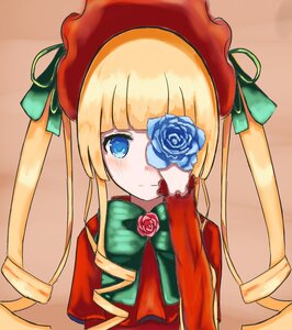 Rating: Safe Score: 0 Tags: 1girl bangs blonde_hair blue_eyes bow bowtie dress flower green_bow hat image long_hair long_sleeves looking_at_viewer ribbon rose shinku simple_background solo tears upper_body User: admin