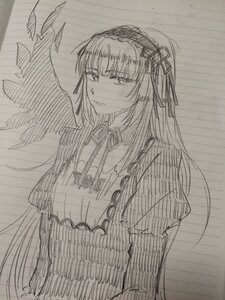 Rating: Safe Score: 0 Tags: 1girl dress frills greyscale hairband image long_hair long_sleeves looking_at_viewer monochrome smile solo suigintou traditional_media upper_body wings User: admin