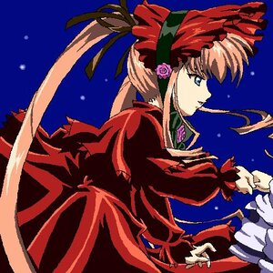 Rating: Safe Score: 0 Tags: 1girl blue_eyes bonnet dress flower frills image long_hair long_sleeves profile red_dress rose shinku sky solo User: admin