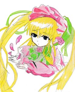 Rating: Safe Score: 0 Tags: 1girl auto_tagged blonde_hair blue_eyes bonnet bow bowtie dress flower image long_hair long_sleeves looking_at_viewer pink_flower pink_rose rose shinku simple_background solo traditional_media twintails upper_body very_long_hair white_background User: admin