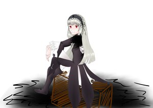 Rating: Safe Score: 0 Tags: 1girl bangs black_dress dress frills full_body hairband image juliet_sleeves long_hair long_sleeves looking_at_viewer red_eyes sitting solo suigintou white_background wings User: admin