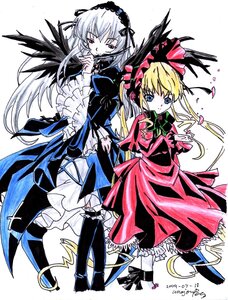 Rating: Safe Score: 0 Tags: 2girls black_wings blonde_hair blue_eyes boots bow dress frills hairband image long_hair long_sleeves looking_at_viewer multiple_girls pair red_dress red_eyes shinku silver_hair suigintou wings User: admin