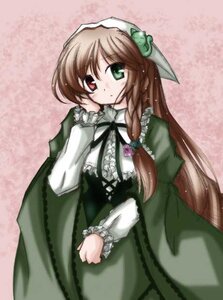 Rating: Safe Score: 0 Tags: 1girl blush brown_hair dress frills green_dress green_eyes heterochromia image long_hair long_sleeves looking_at_viewer red_eyes simple_background solo suiseiseki very_long_hair User: admin