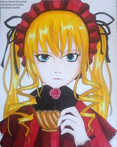 Rating: Safe Score: 0 Tags: 1girl blonde_hair blue_eyes bow drill_hair flower hair_ribbon holding image long_hair looking_at_viewer ribbon ringlets rose shinku simple_background solo traditional_media twin_drills twintails User: admin